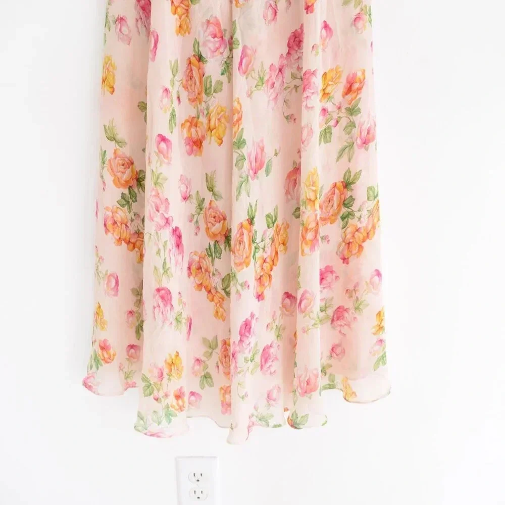 Kooples  Antique Pink Floral 100% Silk Puff Sleeve Button Down Slip Midi Dress - Picture 11 of 14